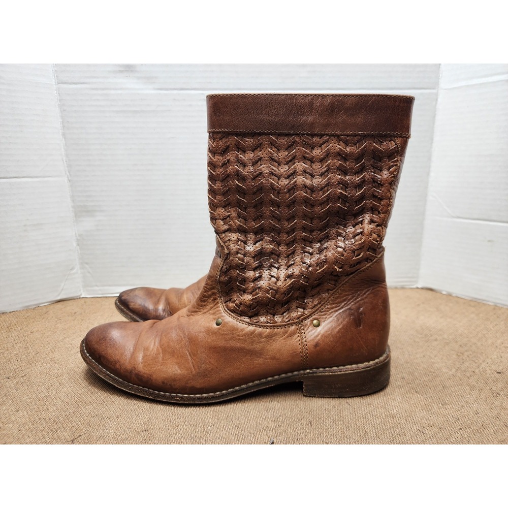 FRYE "Shirley" Women's Leather Woven Huarache Boots Brown Size 7 Calf-Hi